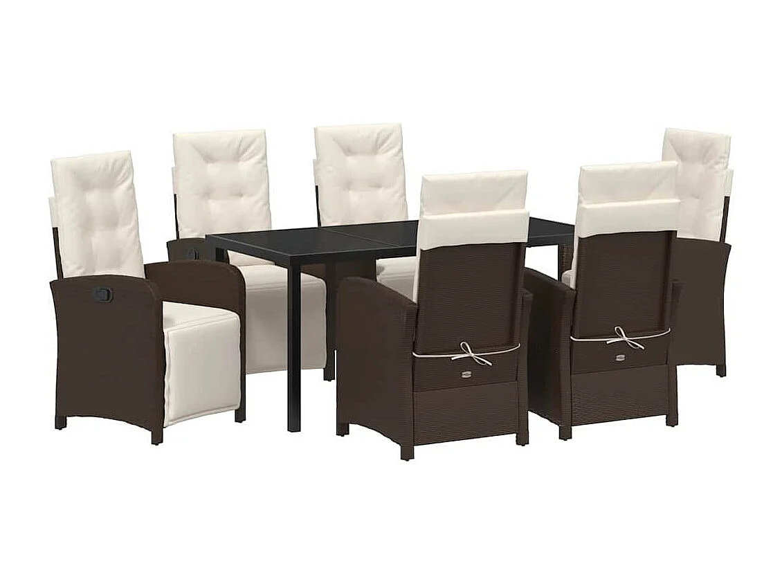 Ensemble de salle à manger de jardin 7 pièces avec coussins en poly rotin marron