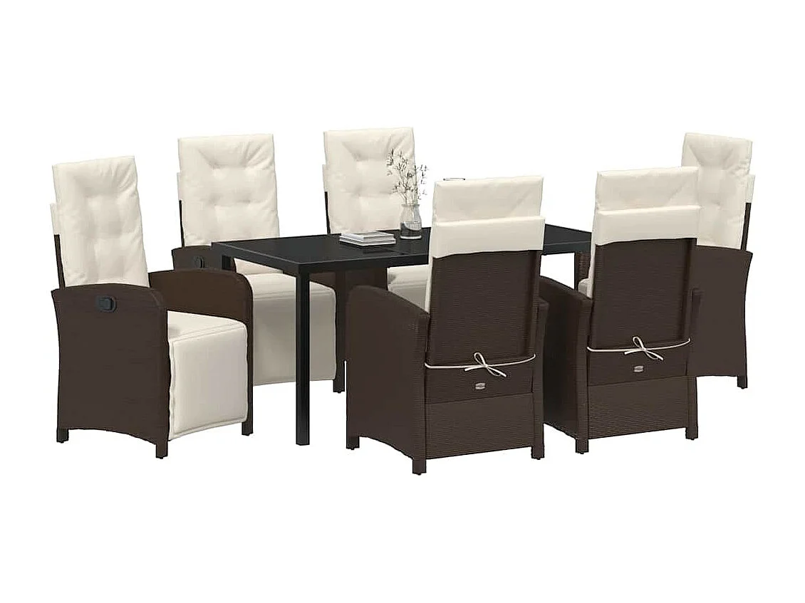 Ensemble de salle à manger de jardin 7 pièces avec coussins en poly rotin marron