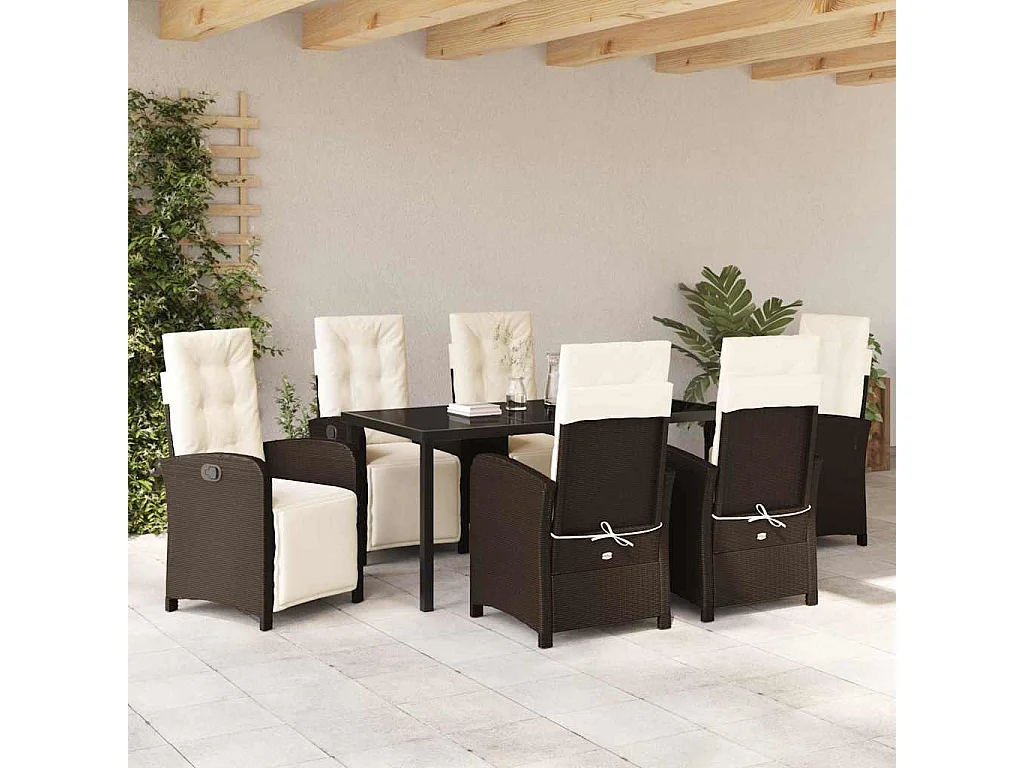 Ensemble de salle à manger de jardin 7 pièces avec coussins en poly rotin marron