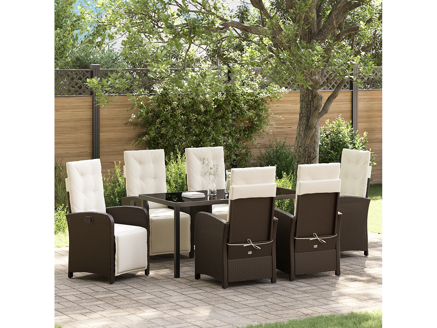 Set da pranzo da giardino da 7 pezzi con cuscini in polyrattan marrone