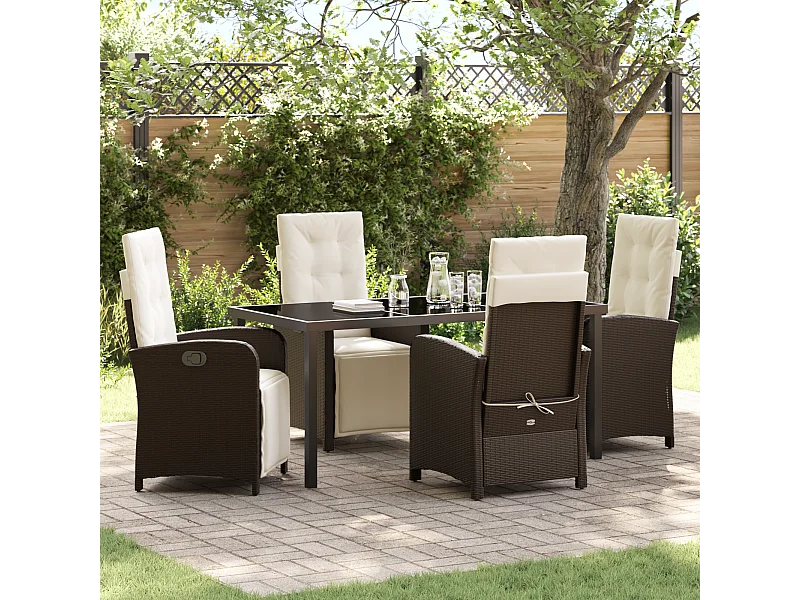 5-teiliges Garten-Essset mit braunen Polyrattan-Kissen