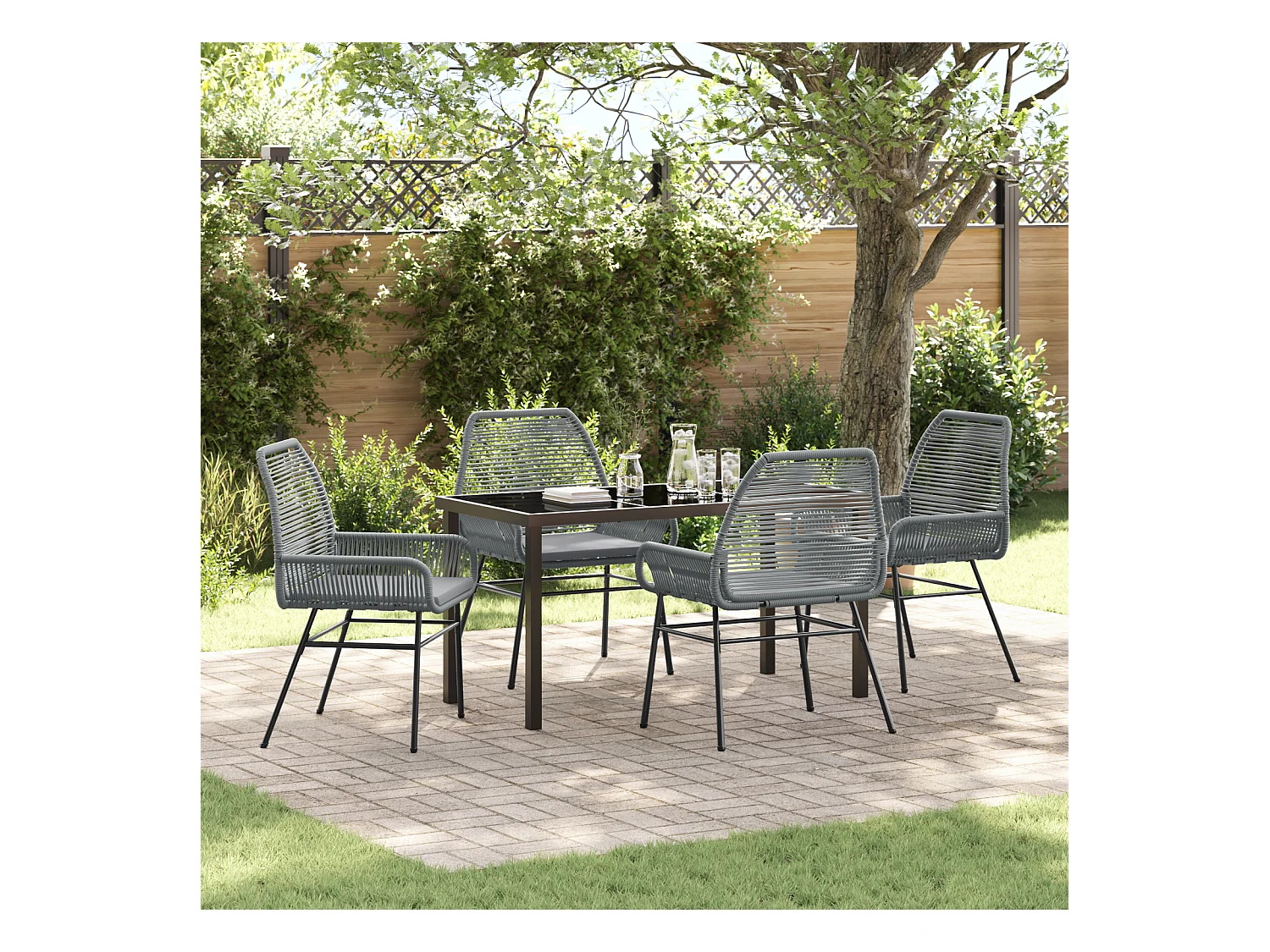 Set da pranzo da giardino 5 pezzi con cuscini grigi in polyrattan
