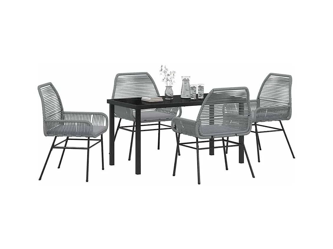 Ensemble de salle à manger de jardin 5 pièces avec coussins gris en poly rotin