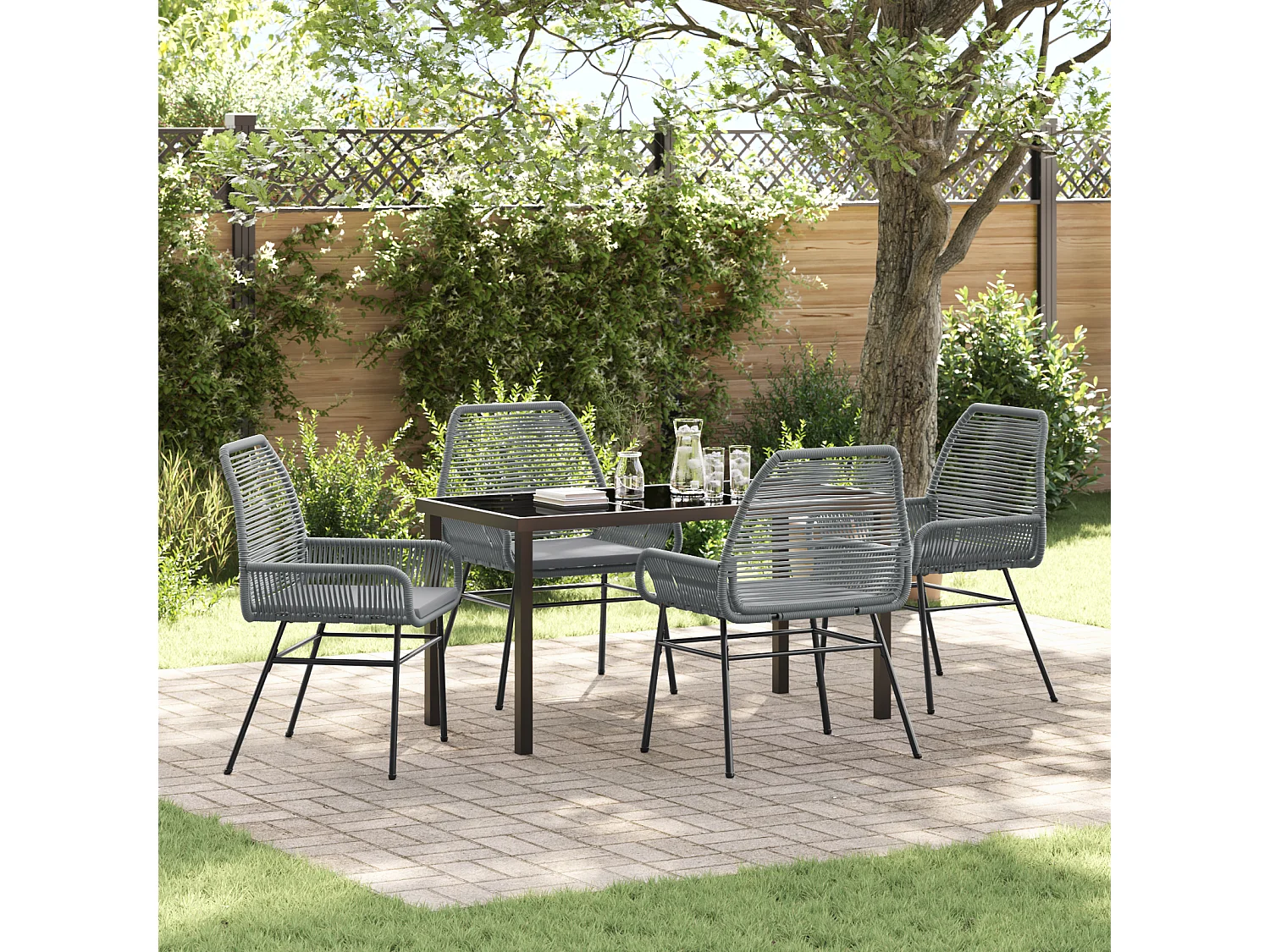 Ensemble de salle à manger de jardin 5 pièces avec coussins gris en poly rotin
