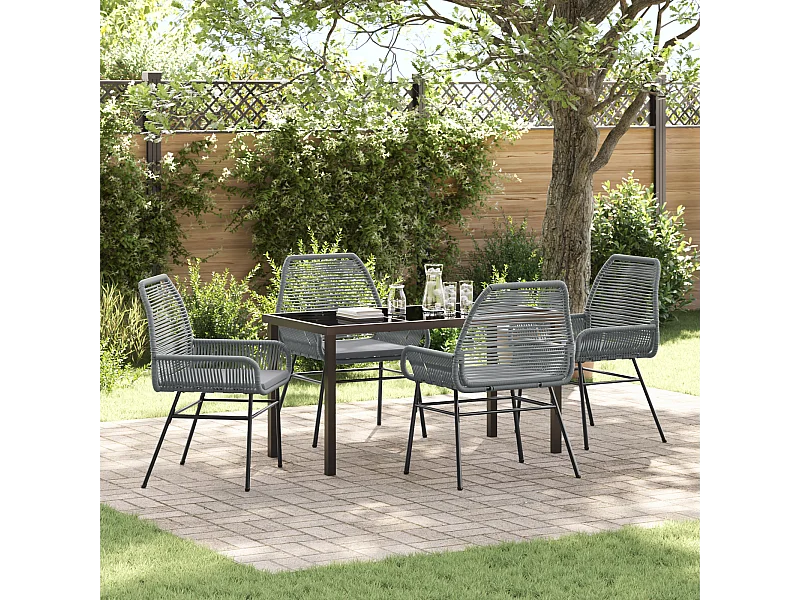 5-teiliges Garten-Essset mit grauen Kissen aus Polyrattan