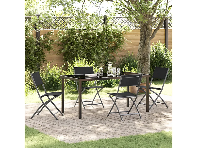 Set da pranzo da giardino 5 pezzi in tessuto textilene nero e acciaio