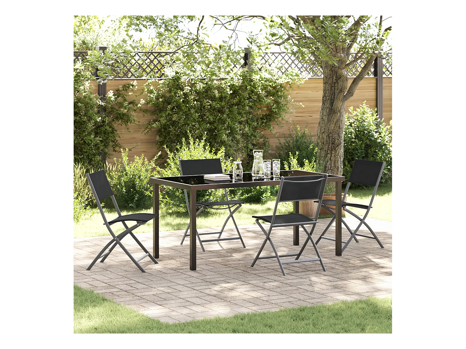 Set da pranzo da giardino 5 pezzi in tessuto textilene nero e acciaio