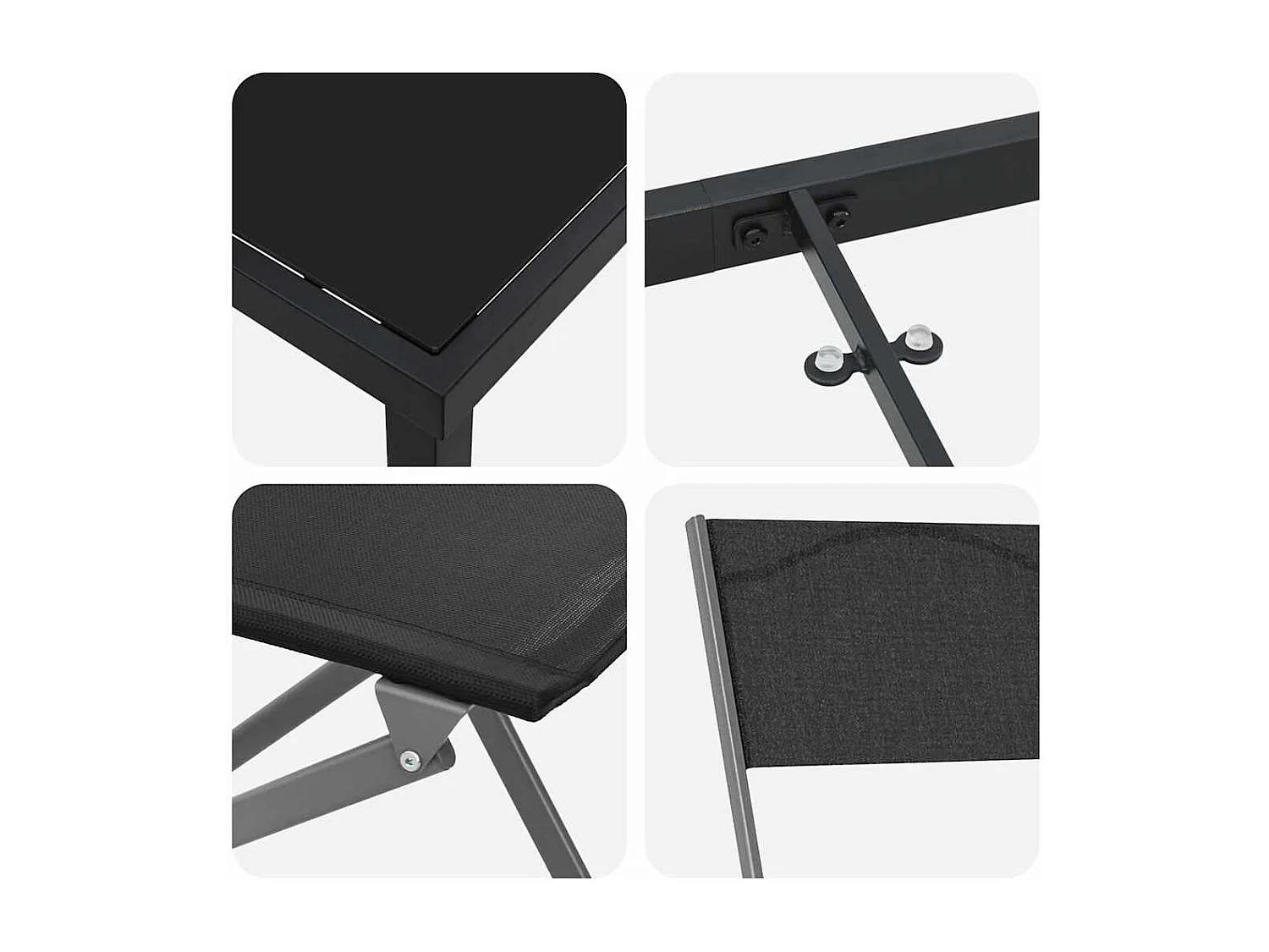 Set da pranzo da giardino 5 pezzi in tessuto textilene nero e acciaio