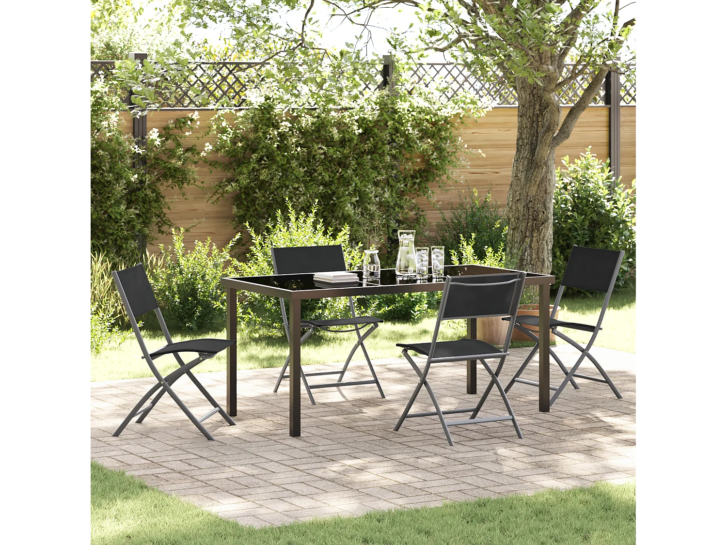 5-teiliges Garten-Essset, schwarzer Textilene-Stoff und Stahl