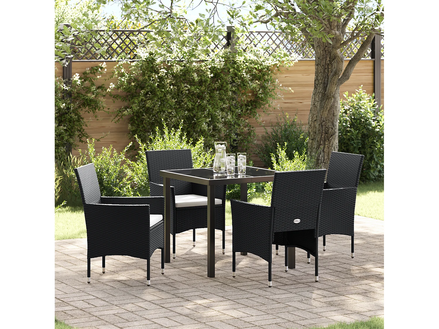 5-teiliges Garten-Essset, schwarzes synthetisches Rattan