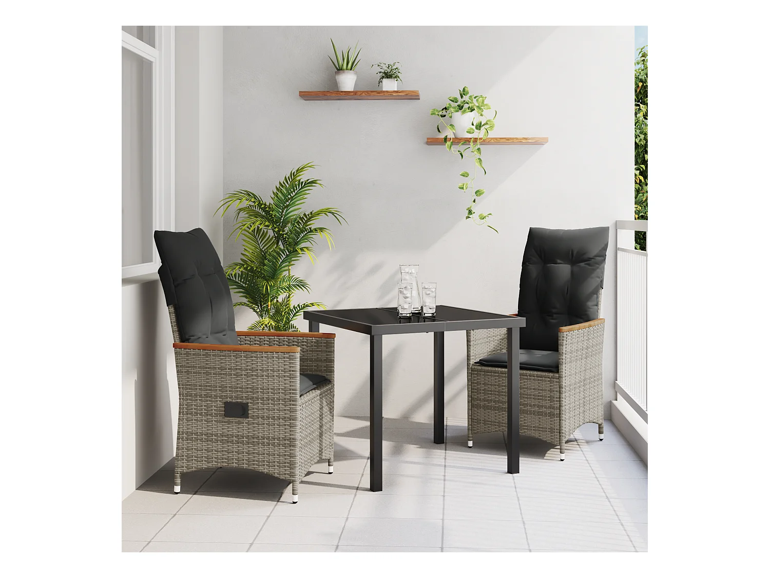 Set da pranzo da giardino 3 pezzi con cuscini in polyrattan grigio