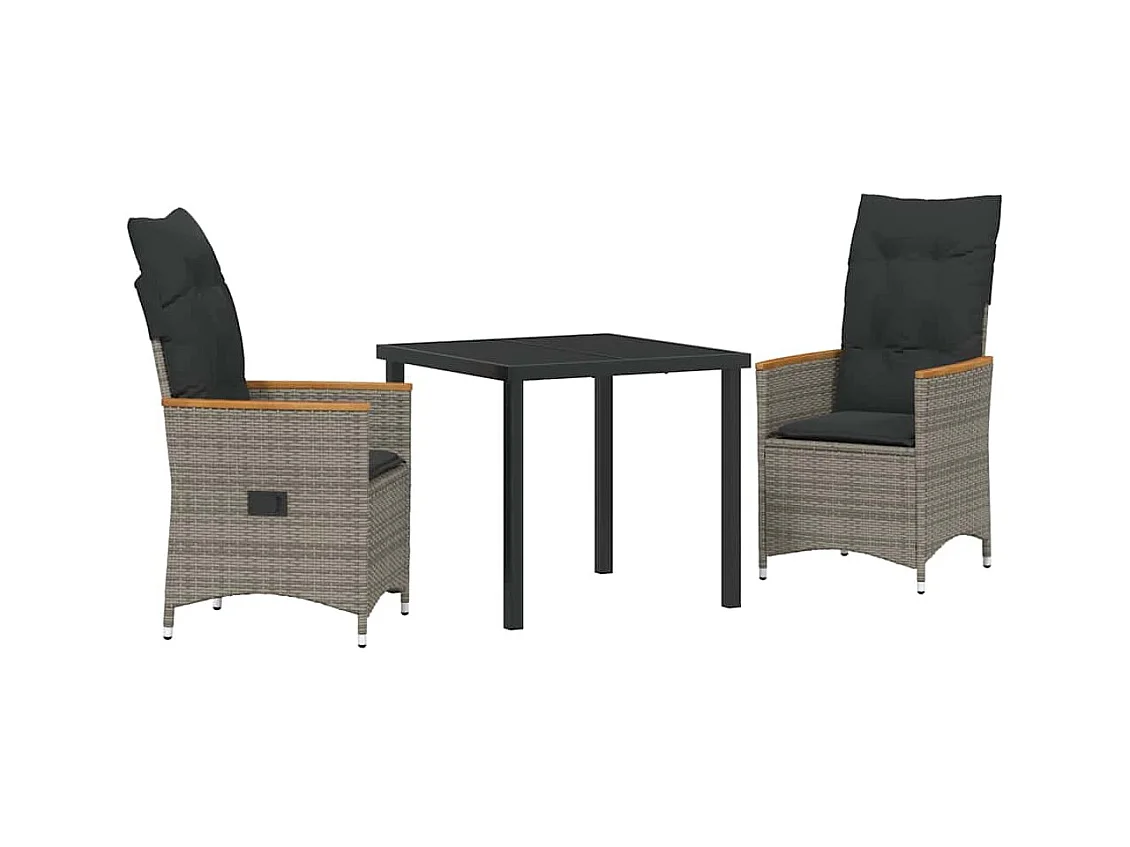 Set da pranzo da giardino 3 pezzi con cuscini in polyrattan grigio