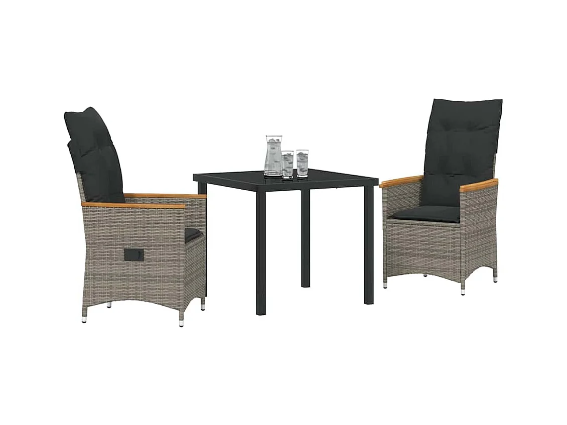 Set da pranzo da giardino 3 pezzi con cuscini in polyrattan grigio