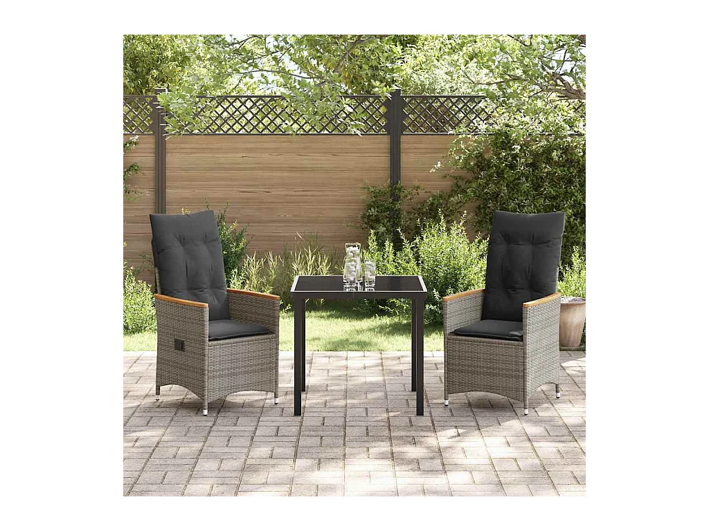 Set da pranzo da giardino 3 pezzi con cuscini in polyrattan grigio