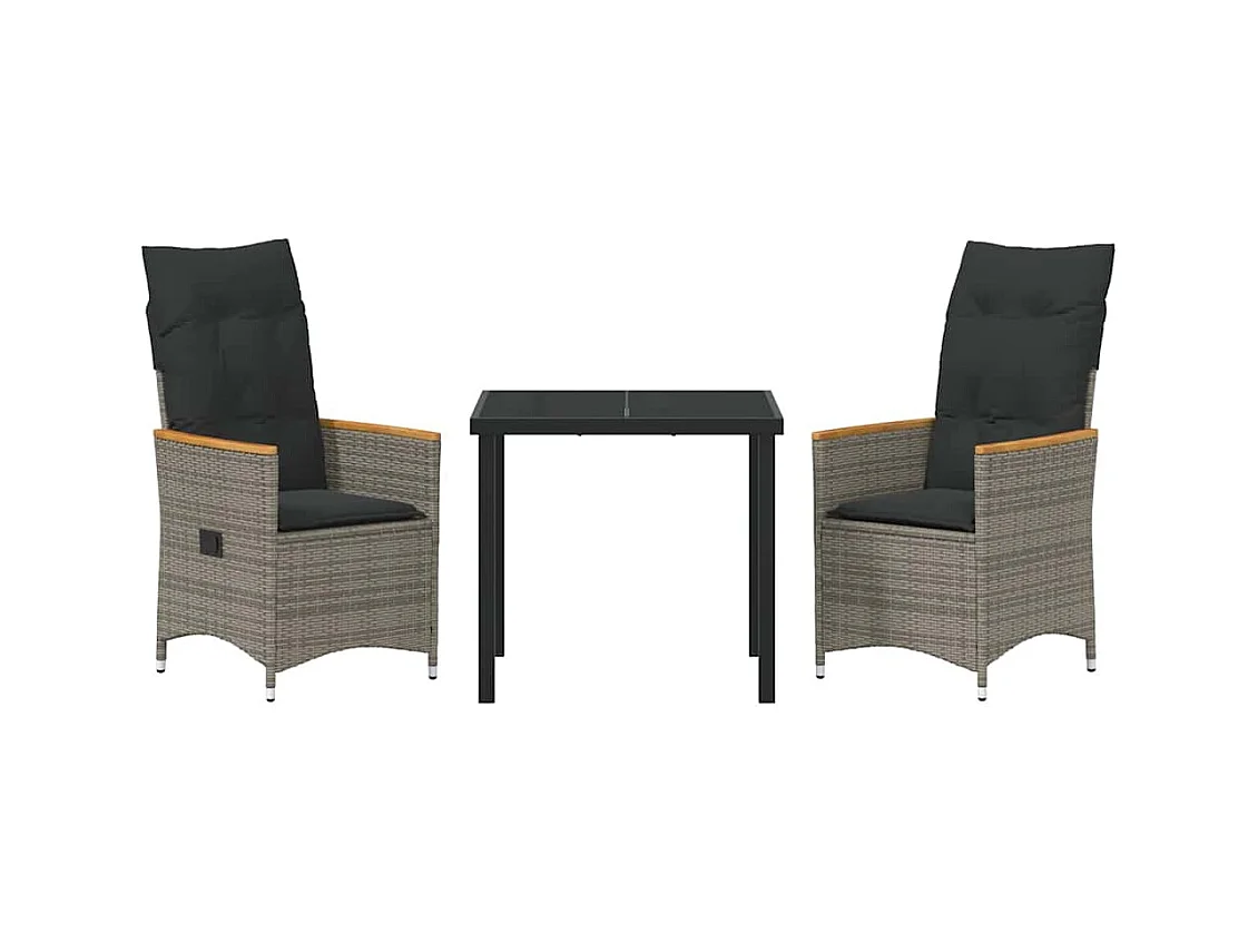 Set da pranzo da giardino 3 pezzi con cuscini in polyrattan grigio