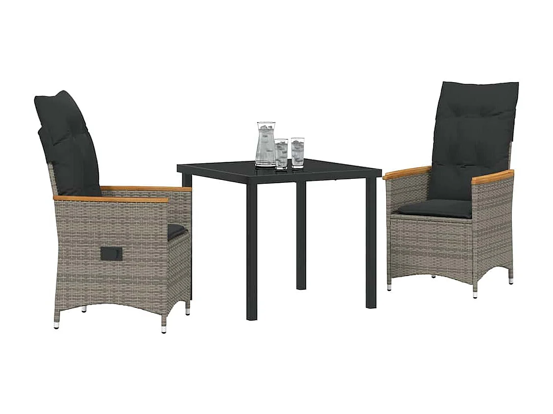 Set de 3 Pièces pour Dîner de Jardin avec Coussins Gris en Rattan Poly
