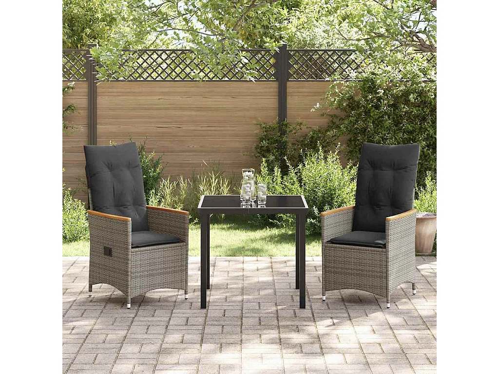 Set de 3 Pièces pour Dîner de Jardin avec Coussins Gris en Rattan Poly