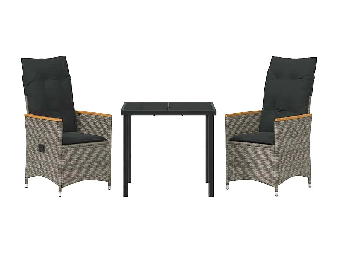 Set de 3 Pièces pour Dîner de Jardin avec Coussins Gris en Rattan Poly