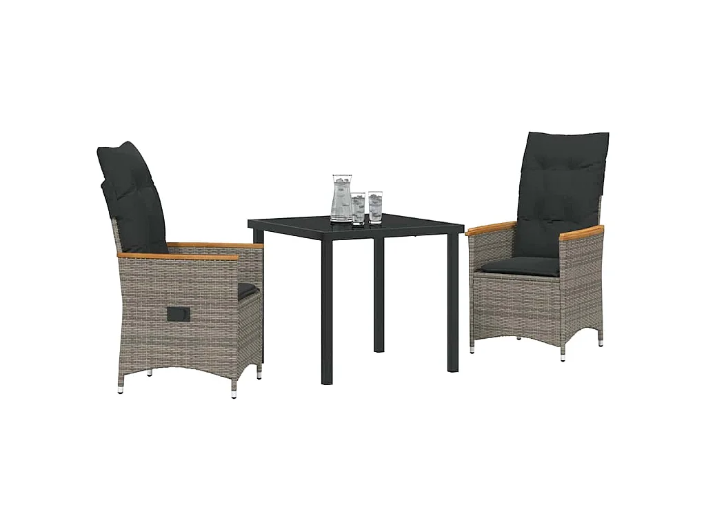 Set de 3 Pièces pour Dîner de Jardin avec Coussins Gris en Rattan Poly