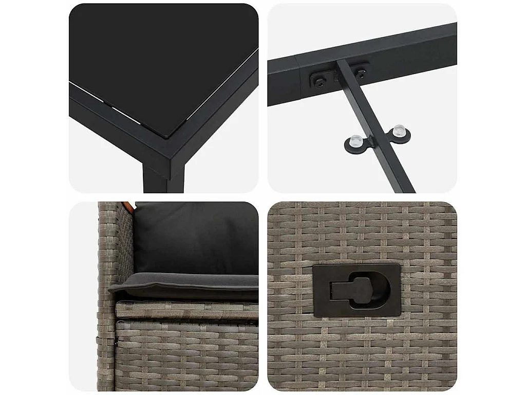 Set de 3 Pièces pour Dîner de Jardin avec Coussins Gris en Rattan Poly