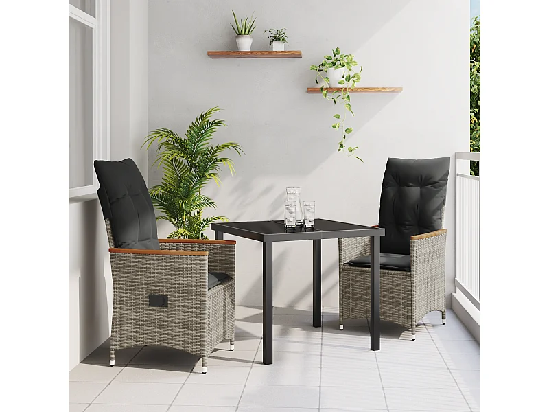 Set de 3 Pièces pour Dîner de Jardin avec Coussins Gris en Rattan Poly