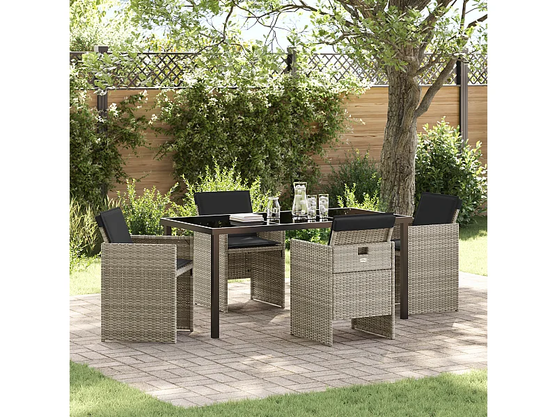 Set da pranzo da giardino 5 pezzi con cuscini in polyrattan grigio chiaro