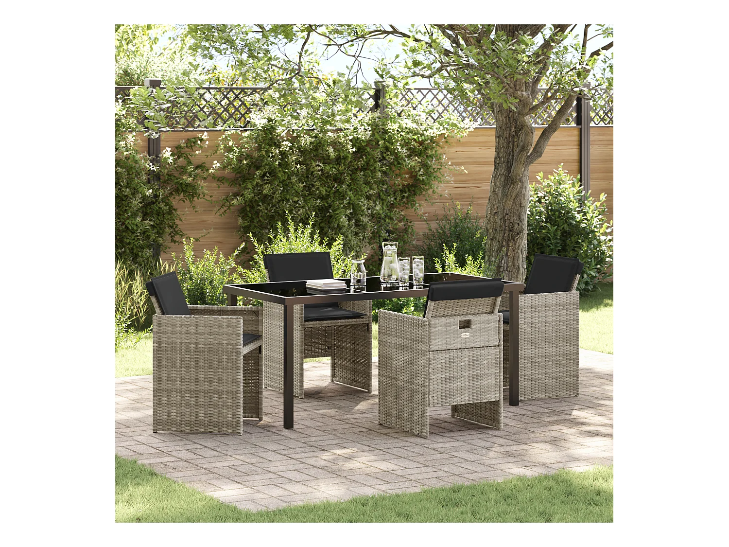 Set da pranzo da giardino 5 pezzi con cuscini in polyrattan grigio chiaro