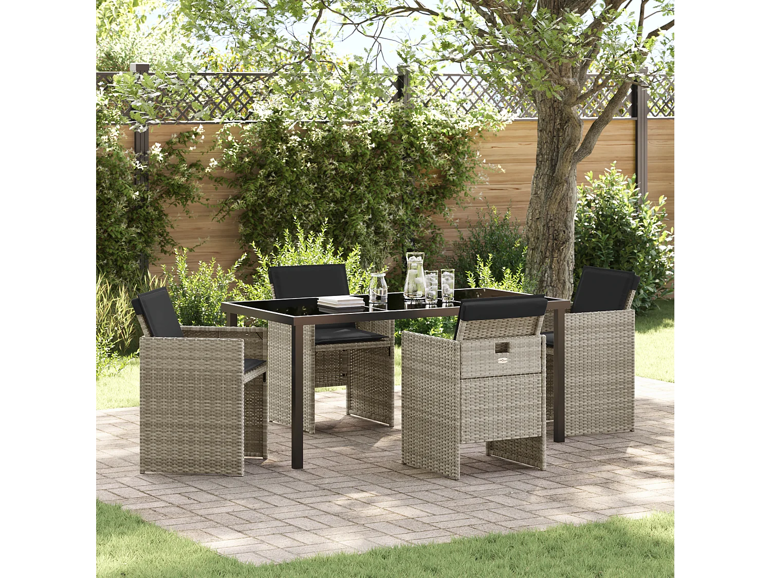 Ensemble de salle à manger jardin 5 pièces avec coussins gris clair poly rattan