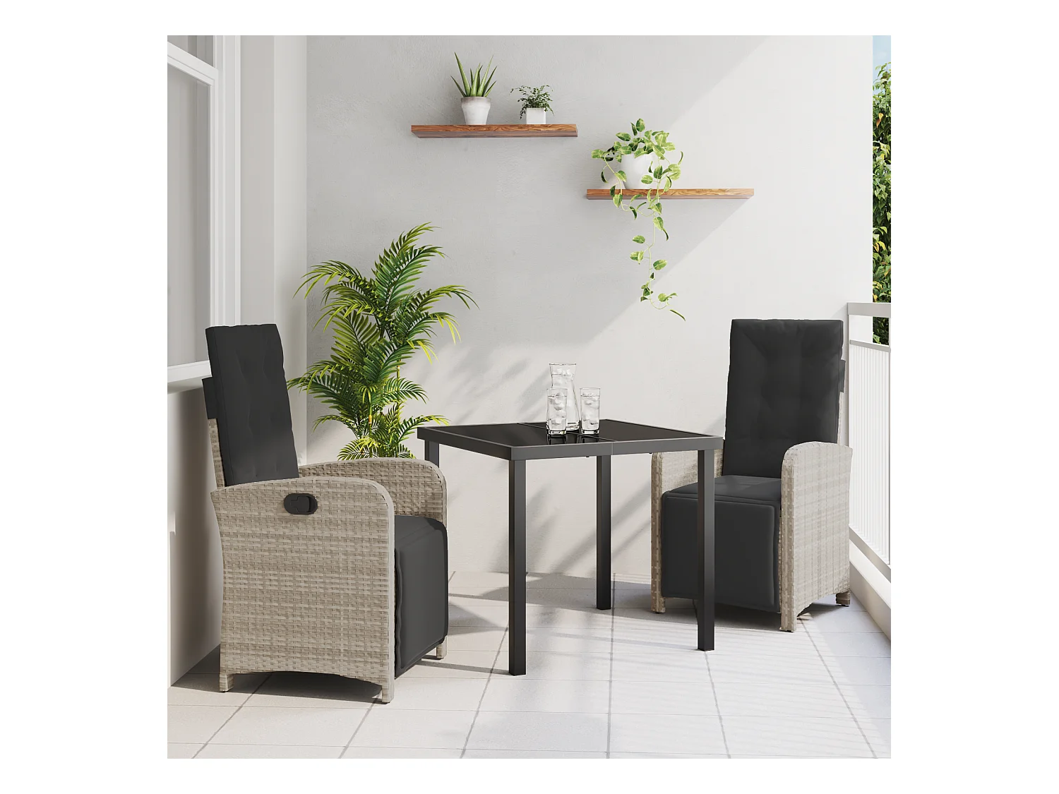 Set da pranzo da giardino 3 pezzi con cuscini in polyrattan grigio chiaro