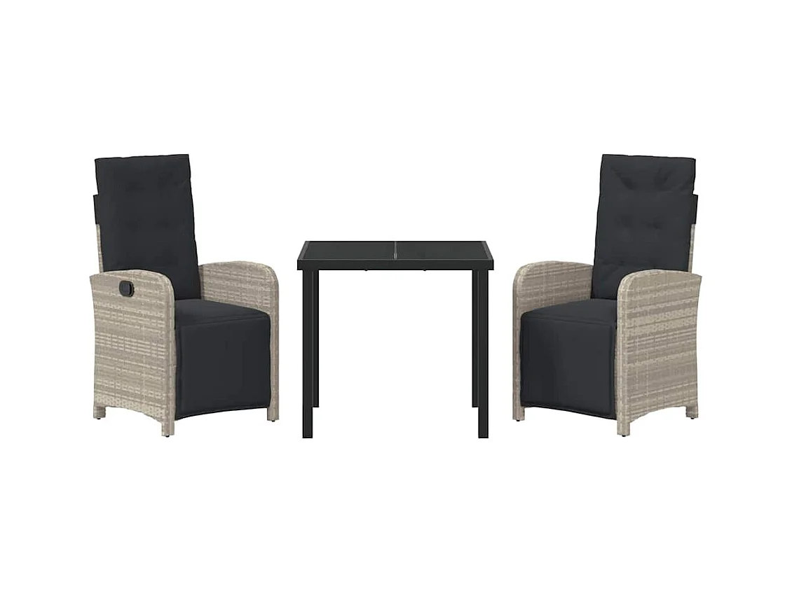 Set da pranzo da giardino 3 pezzi con cuscini in polyrattan grigio chiaro