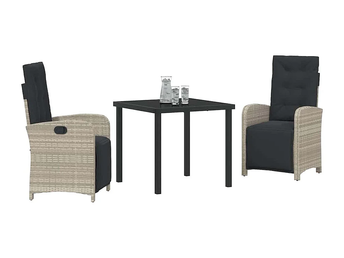 Ensemble de salle à manger de jardin 3 pièces avec coussins en rattan poly gris clair