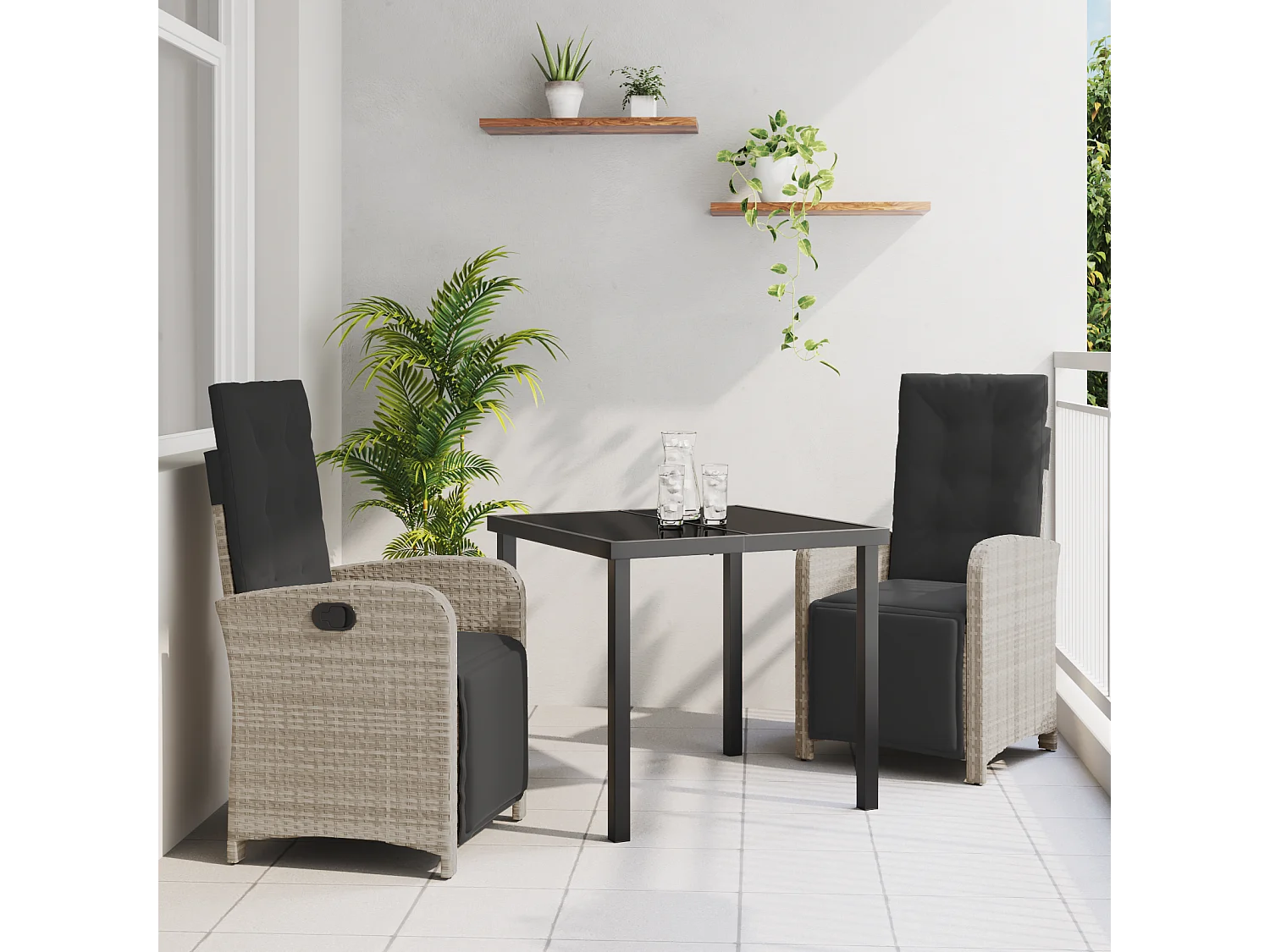 Ensemble de salle à manger de jardin 3 pièces avec coussins en rattan poly gris clair
