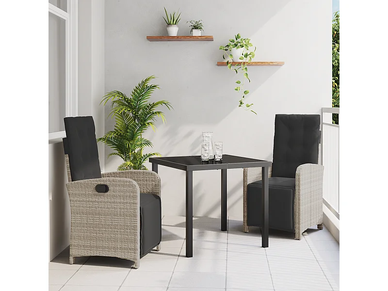 Set da pranzo da giardino 3 pezzi con cuscini in polyrattan grigio chiaro