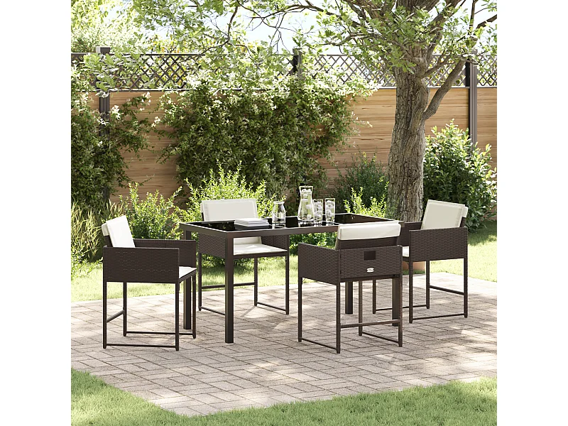 jeu de Salle à Manger de Jardin 5 pièces avec Coussins Marron Rattan Poly
