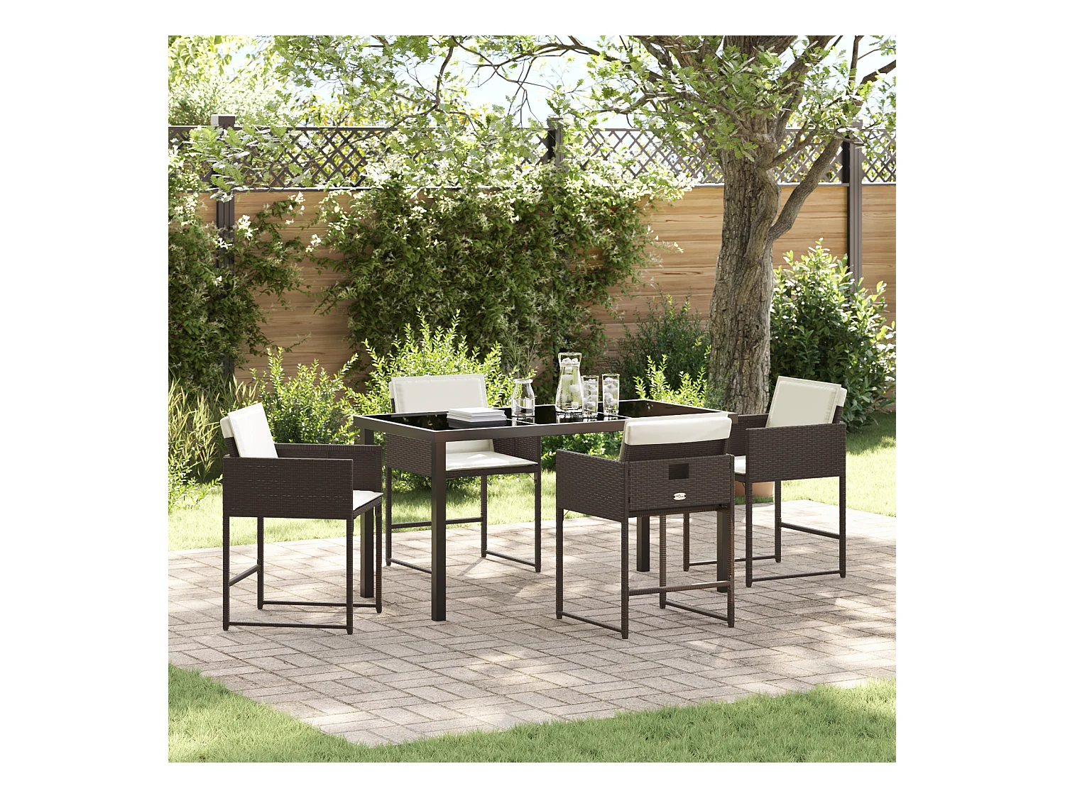 jeu de Salle à Manger de Jardin 5 pièces avec Coussins Marron Rattan Poly