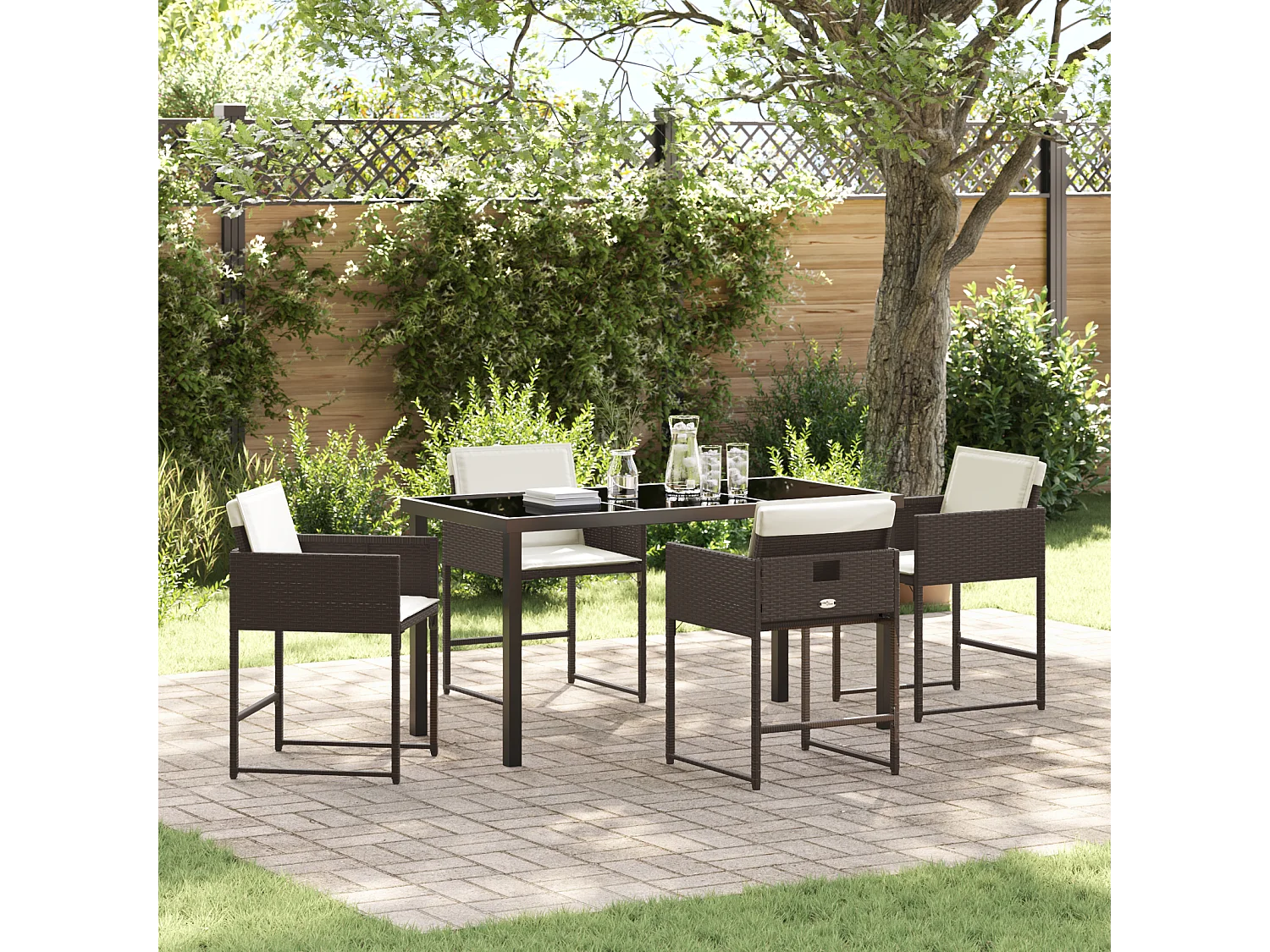 jeu de Salle à Manger de Jardin 5 pièces avec Coussins Marron Rattan Poly