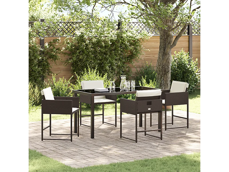 jeu de Salle à Manger de Jardin 5 pièces avec Coussins Marron Rattan Poly