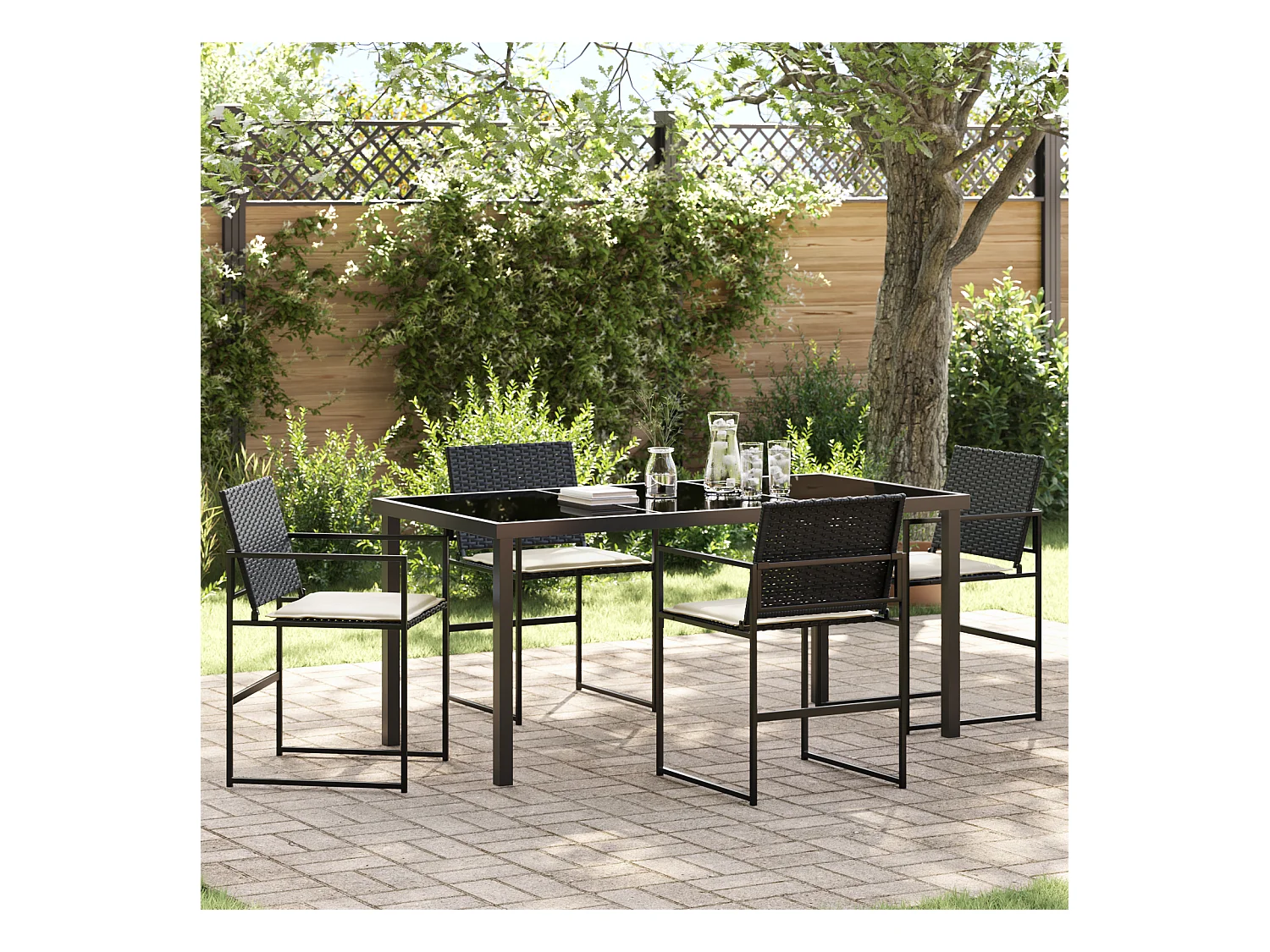 Set da pranzo da giardino 5 pezzi con cuscini in rattan sintetico nero