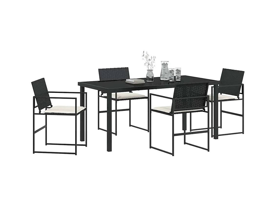 Set da pranzo da giardino 5 pezzi con cuscini in rattan sintetico nero