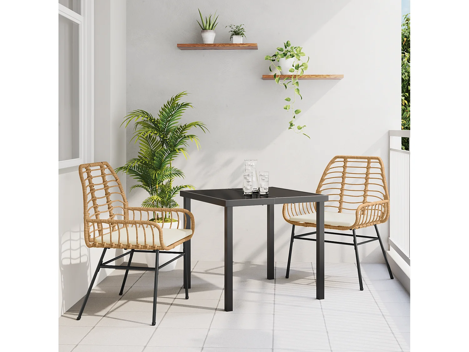 Ensemble de salle à manger de jardin 3 pièces avec coussins Marron Poly Rattan