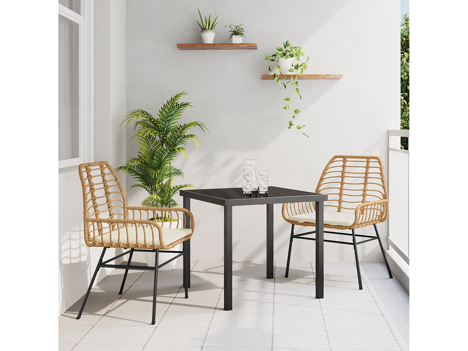 Ensemble de salle à manger de jardin 3 pièces avec coussins Marron Poly Rattan