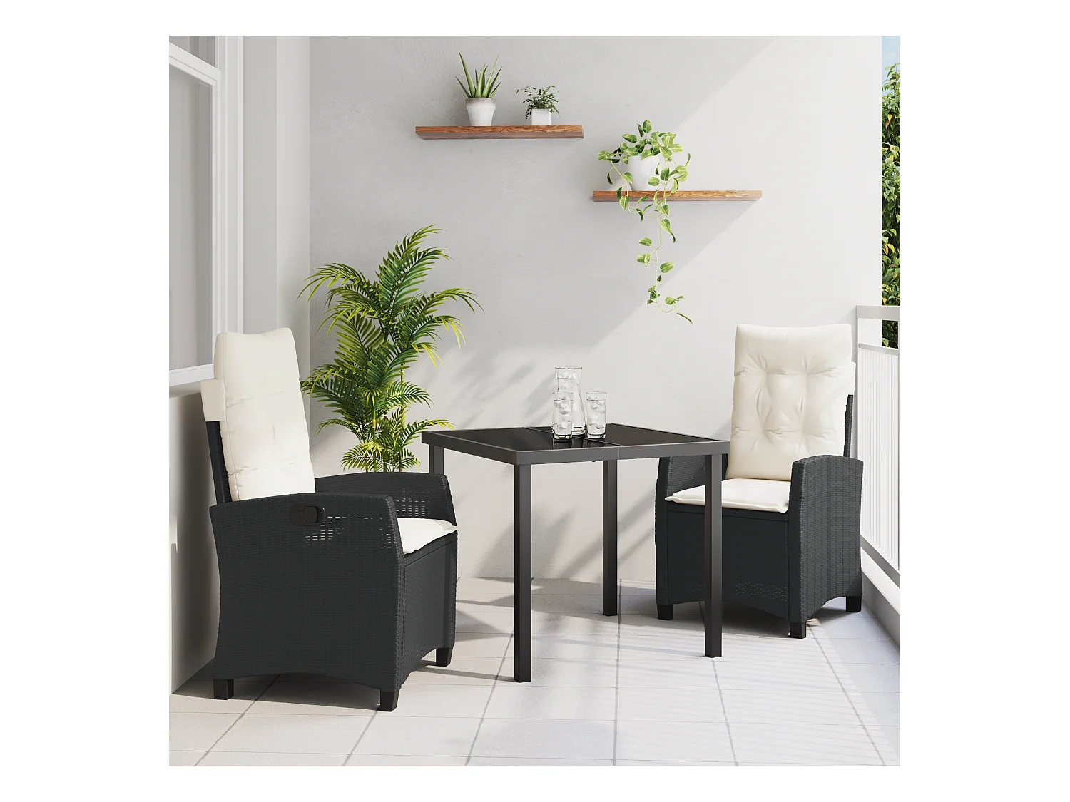 Set da giardino 3 pezzi con cuscini in polyrattan nero