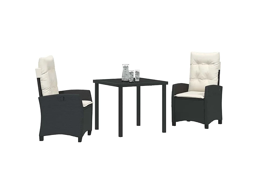 Set de jardin de 3 pièces avec coussins en poly rattan noir