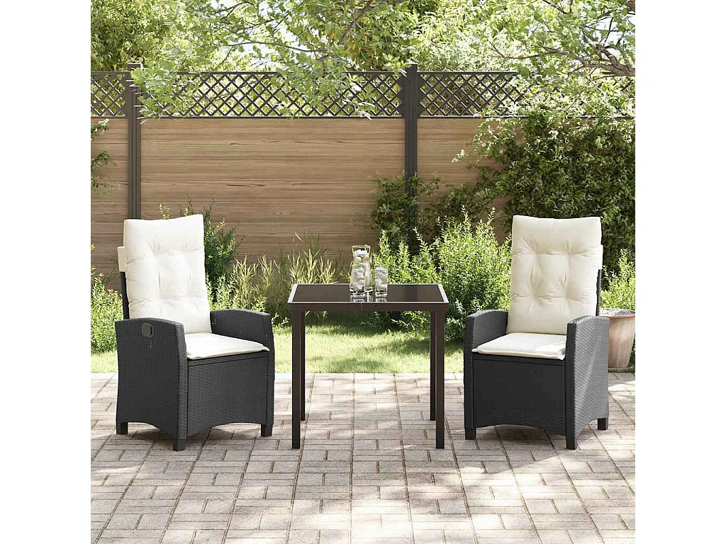 Set de jardin de 3 pièces avec coussins en poly rattan noir