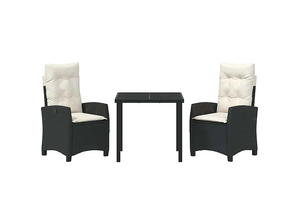 Set de jardin de 3 pièces avec coussins en poly rattan noir