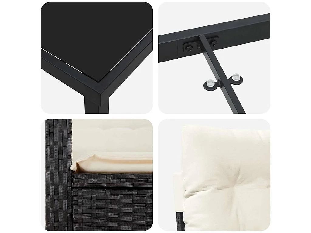 Set de jardin de 3 pièces avec coussins en poly rattan noir