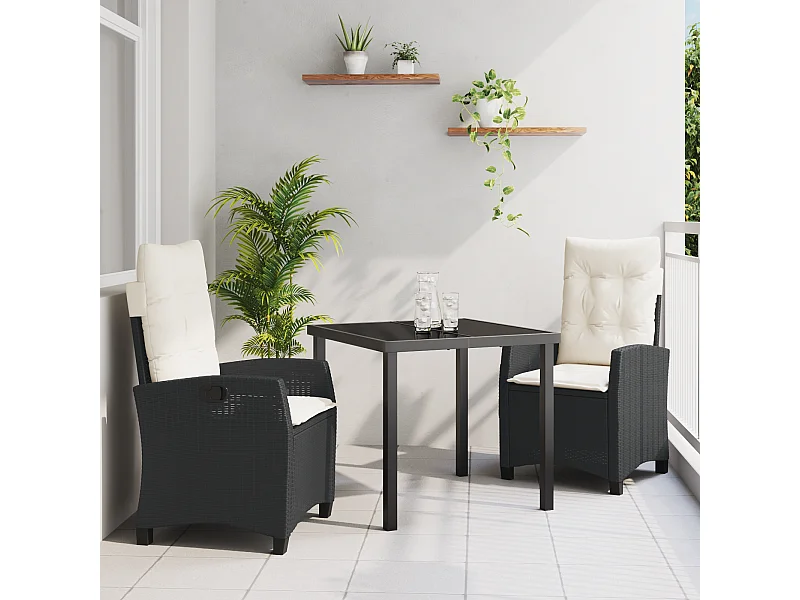 Set da giardino 3 pezzi con cuscini in polyrattan nero