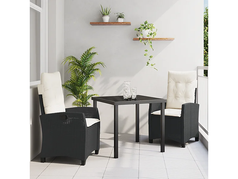 Set de jardin de 3 pièces avec coussins en poly rattan noir
