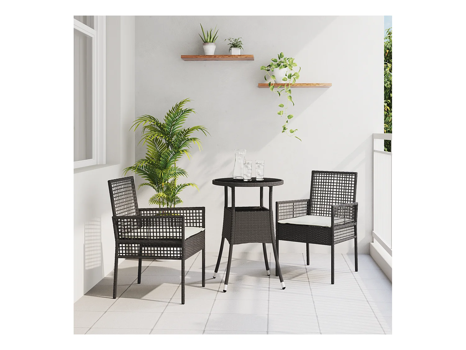Set da pranzo da giardino in polyrattan nero da 3 pezzi