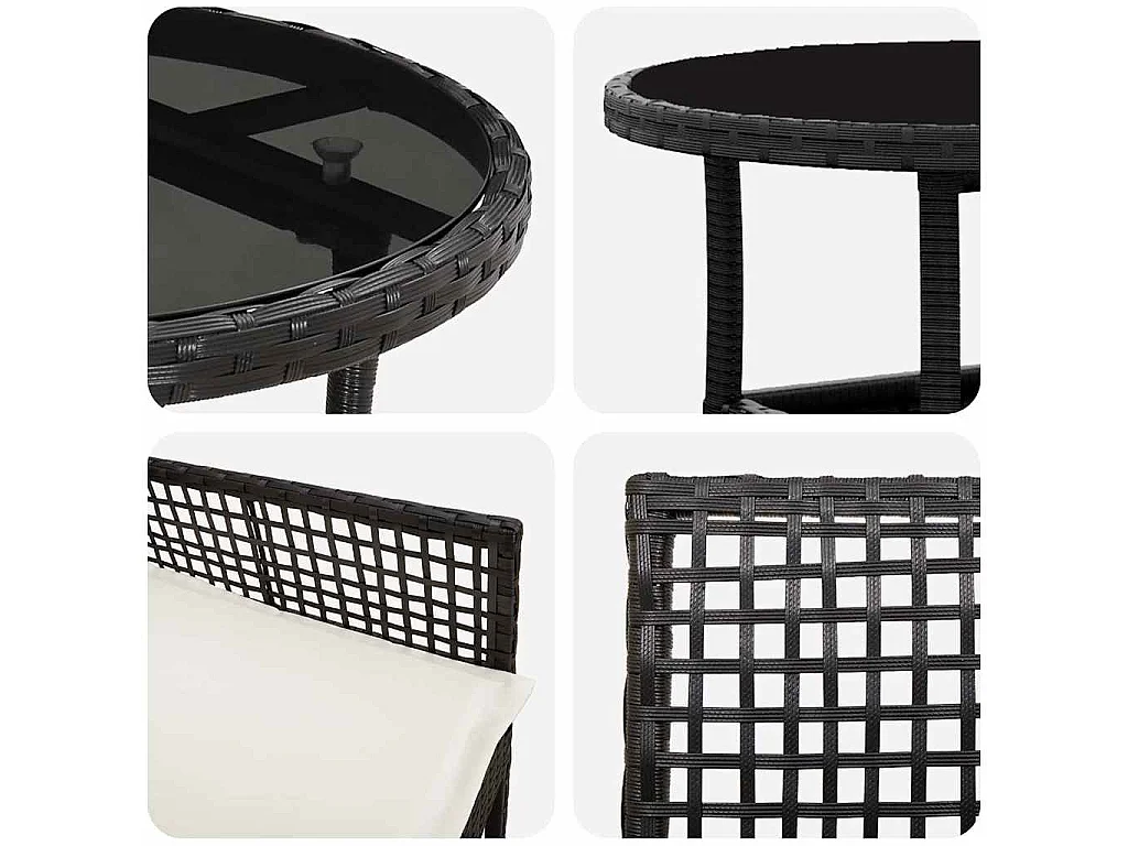 Set da pranzo da giardino in polyrattan nero da 3 pezzi